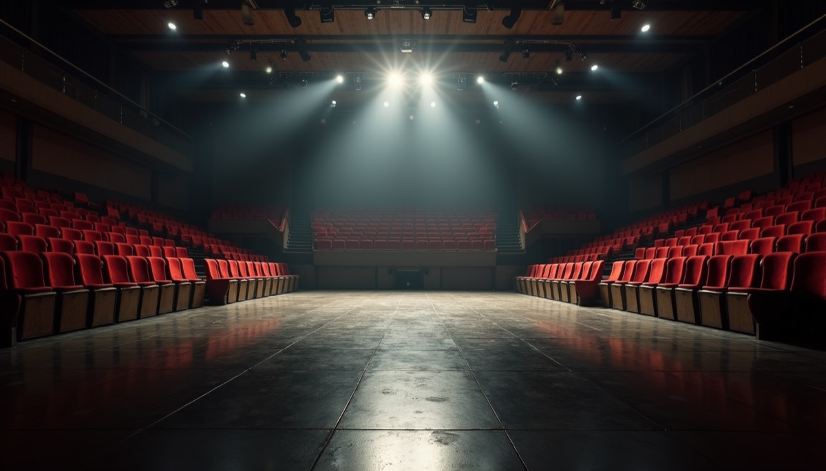 Vue en plongée d’une salle de théâtre vide prête pour une répétition