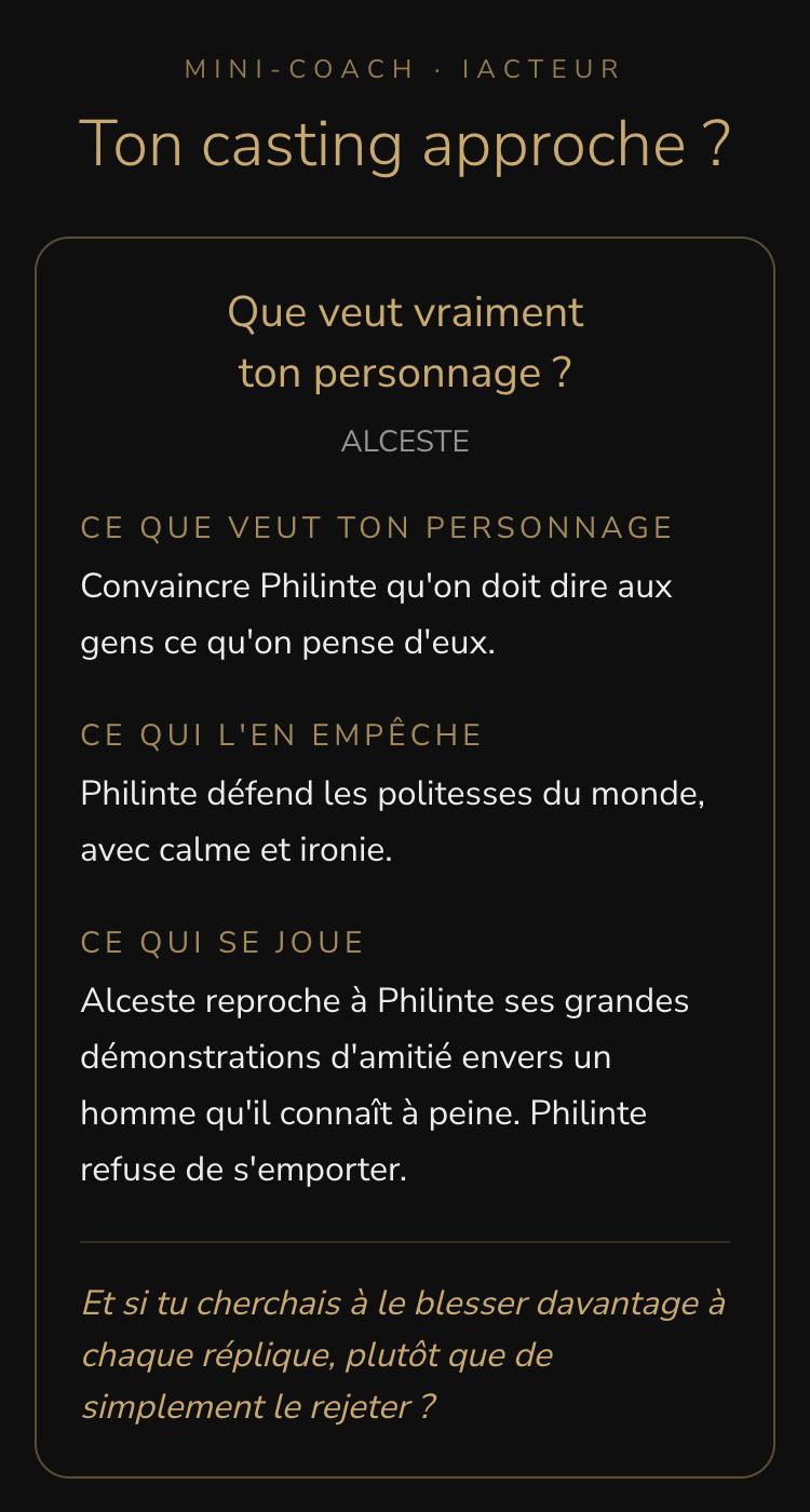 L’aperçu du mini-COACH pour Alceste, dans Le Misanthrope de Molière